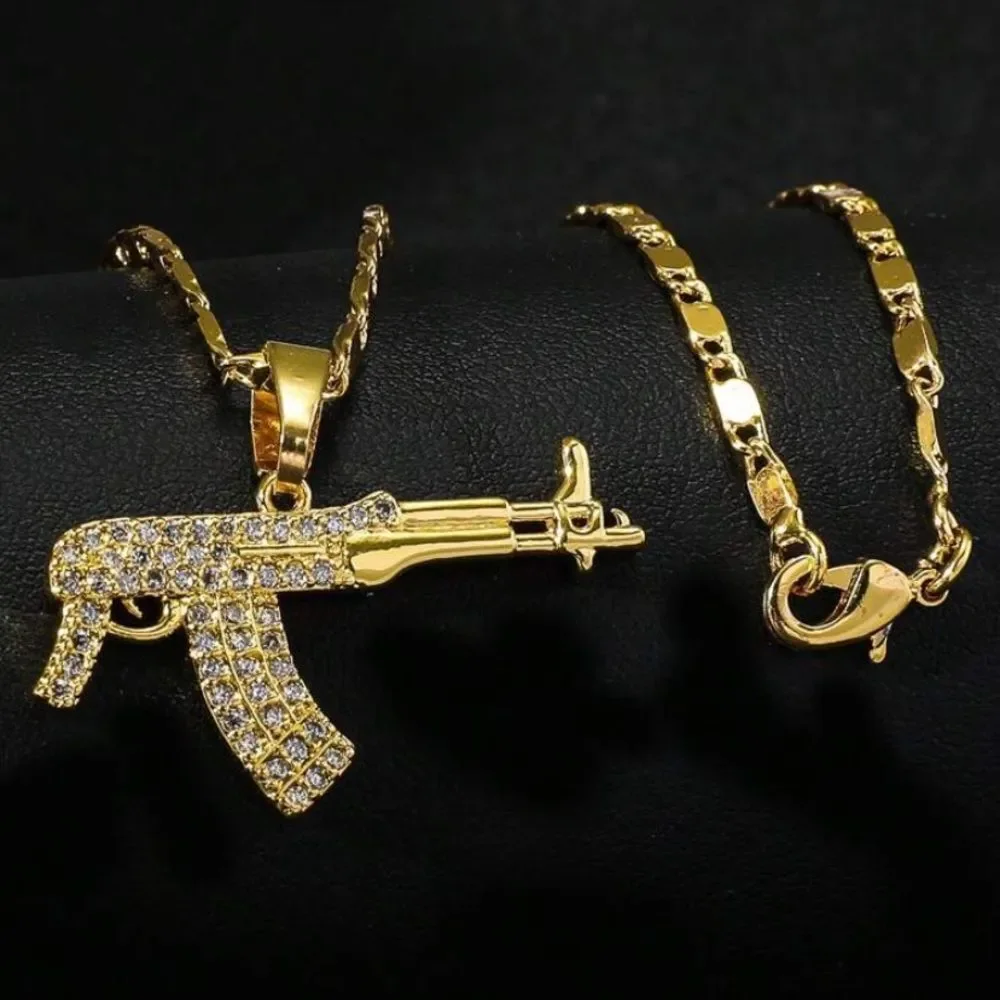 3for$20 1pc Gold-Color Luxury Cubic Zirconia Men's Gun Pattern Pendant necklace
